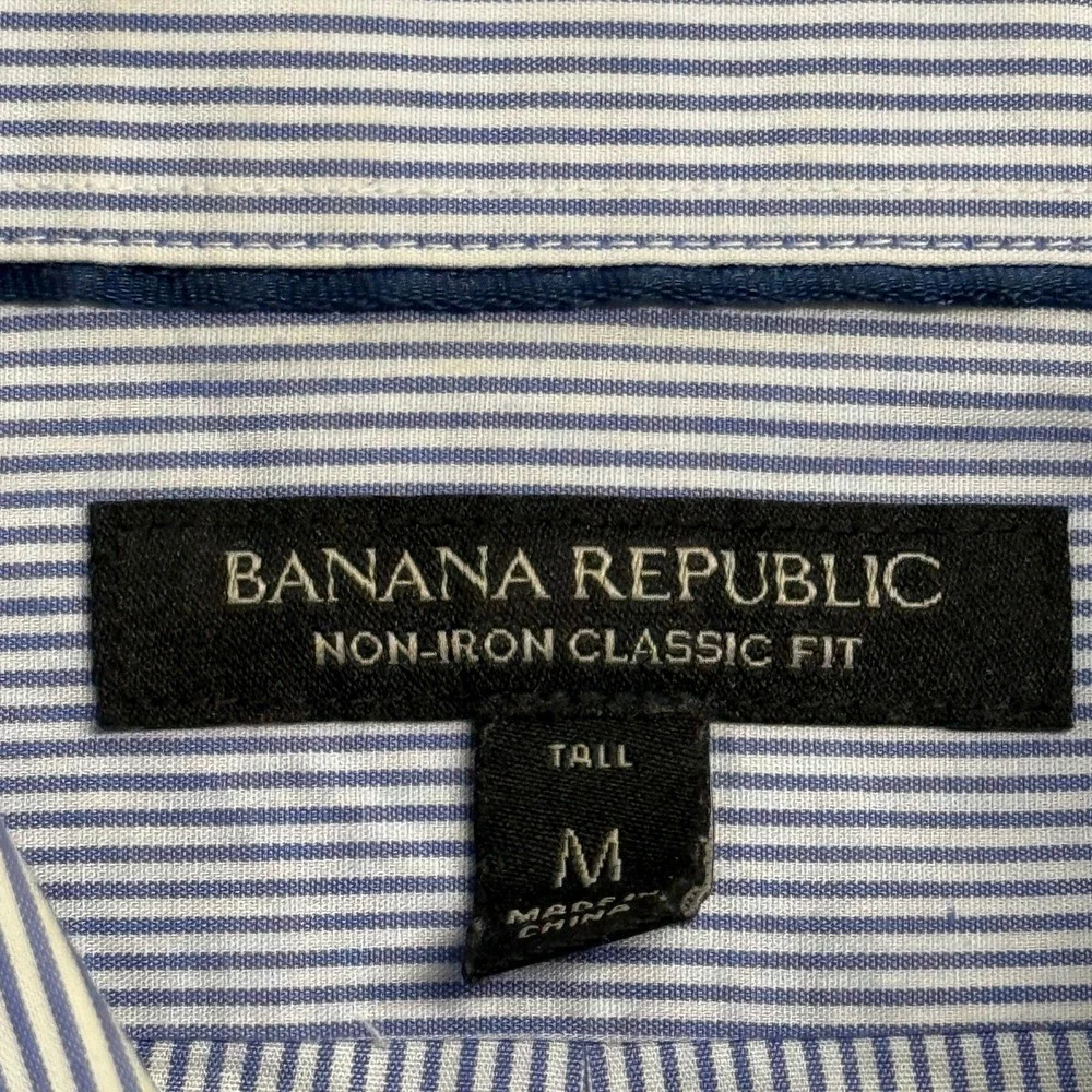 Banana Republic Mens Blue White Striped Non-Iron Classic Fit Shirt Medium Tall